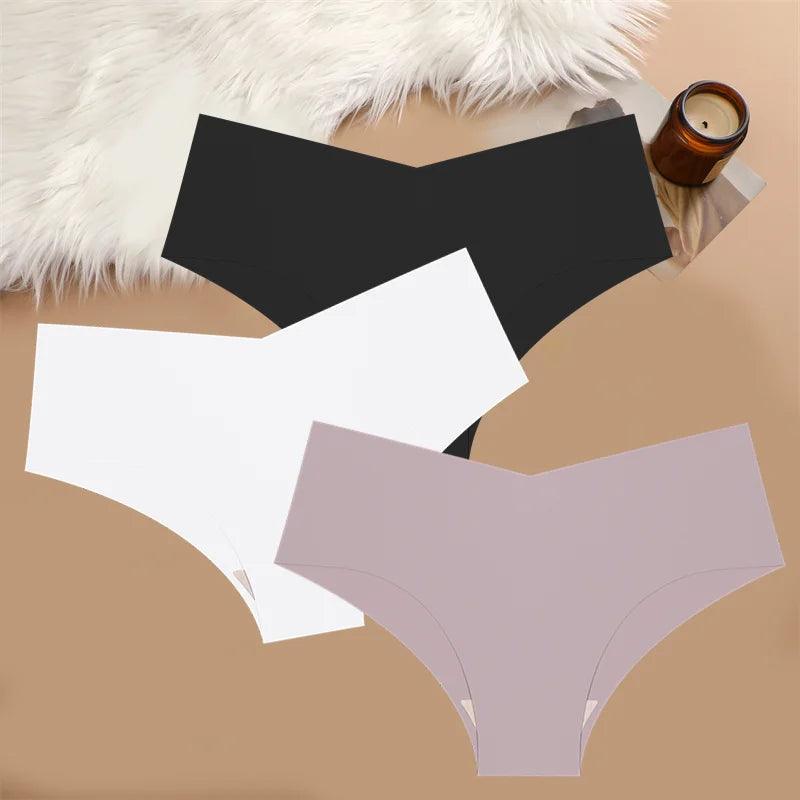 FINETOO 3PCS Ultra-thin Women's Seamless Underwear Panties Sexy V-Shaped Waist Briefs 10 Soild Colours Cozy Stretch Underpants