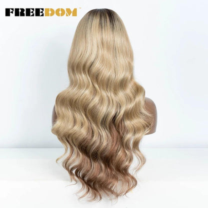 FREEDOM 13X4 Synthetic Lace Frontal Wigs For Women Body Wave Ombre Blonde Brown Ginger Lace Wigs Heat Resistant Cosplay Wigs - HighGloss Shop