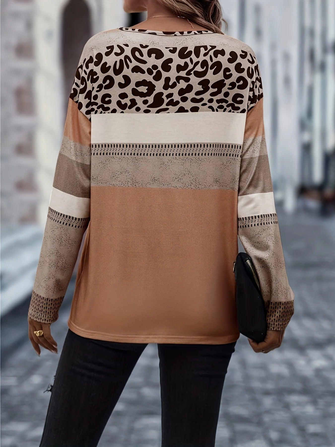 Plus Size Casual T-shirt Women's Plus Colorblock Leopard Print Long Sleeve Round Neck Slight Stretch T-shirt