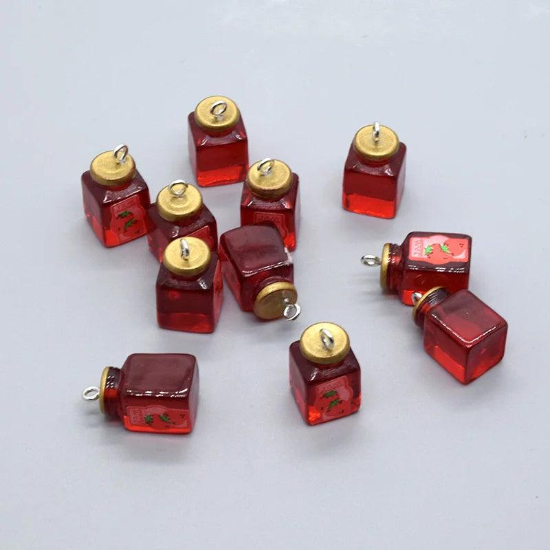 10pcs Mini Strawberry Jam Resin Charms Lovely Bread Flavoring Bottle Small Pendant DIY Chef Earring Keychain Cute Jewelry Make