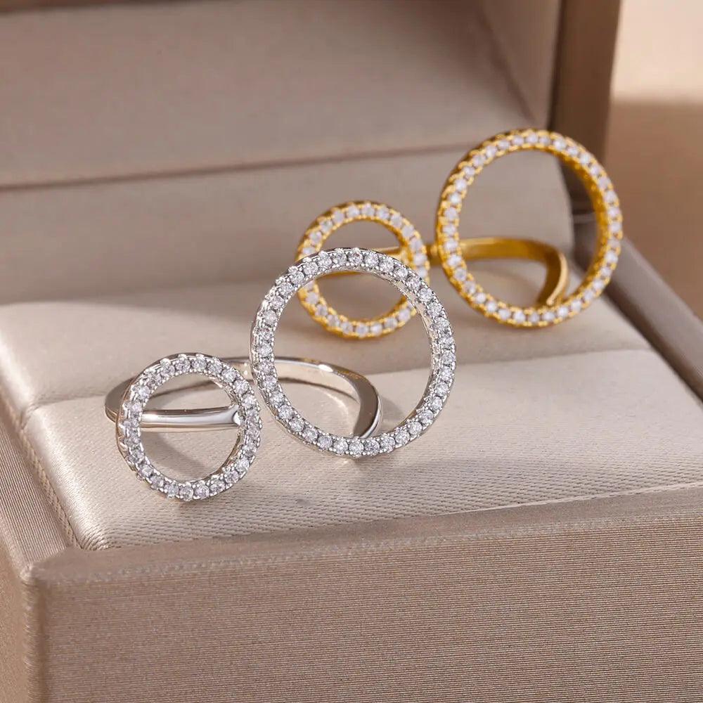 Stainless Steel Zircon Double Round Rings For Women Open Gold Color Finger Ring Simple Fashion Korean Jewelry Wedding Gift