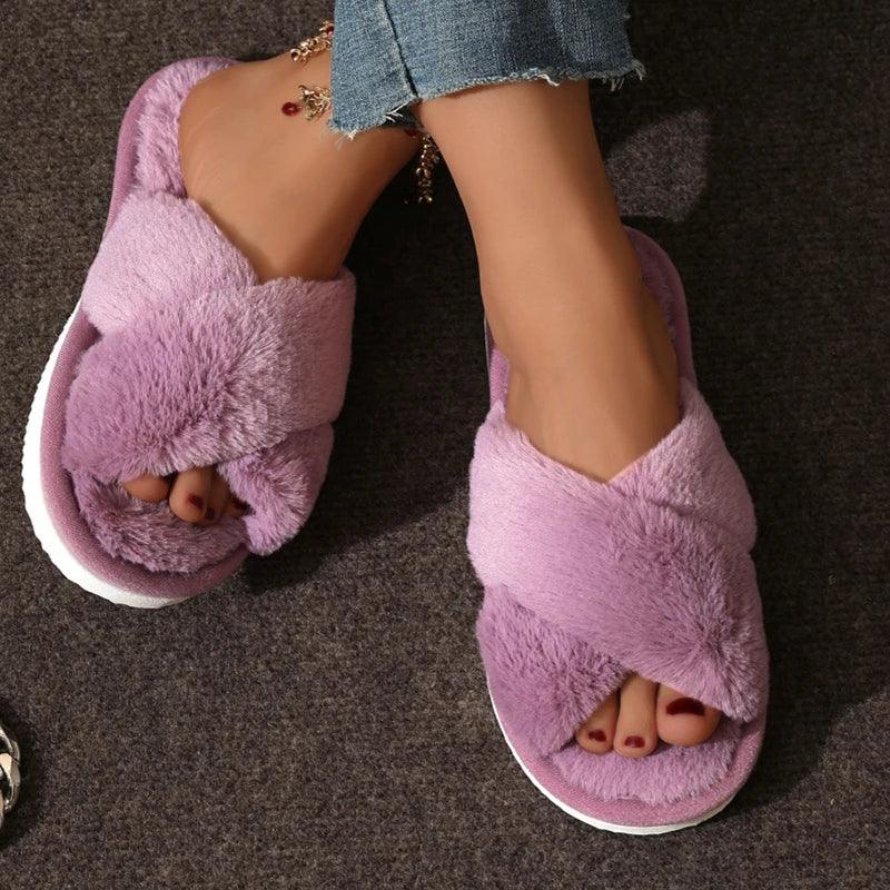 CrissCross Band Plush House Slippers for Women Open Toe Soft Sole Fuzzy Home Shoes Woman Winter Cozy Warm Indoor Floor Slippers