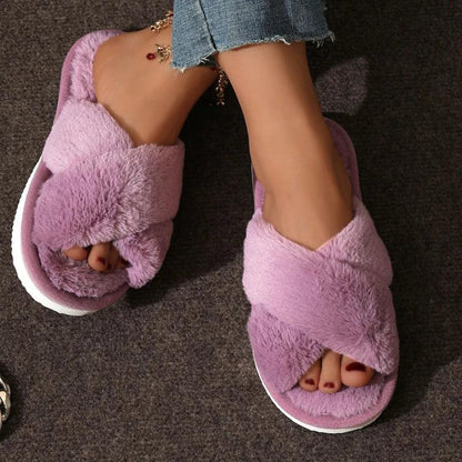 CrissCross Band Plush House Slippers for Women Open Toe Soft Sole Fuzzy Home Shoes Woman Winter Cozy Warm Indoor Floor Slippers