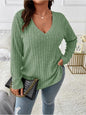 Women's Fashionable Solid Color Top V-neck Long Sleeved Pit Stripe Matte T-shirt Loose Fitting Fitting