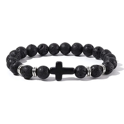 Prayer Men Natural Stone Wood Beads Rosary Hematite Cross Bracelets Onyx Meditation Bracelet Women Yoga Jewelry Homme Pulsera