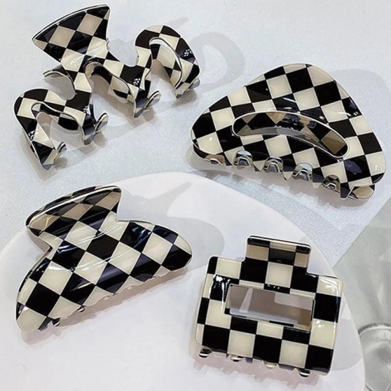 Vintage Women Girls Acrylic Checkered Hair Claw Shark Clip Geometric Grid Headband Hair Clips Hairpins Fashion Hair Accessories