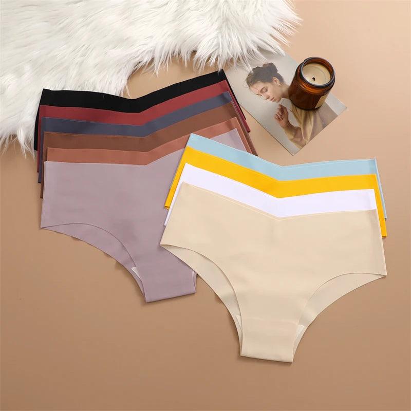 FINETOO 3PCS Ultra-thin Women's Seamless Underwear Panties Sexy V-Shaped Waist Briefs 10 Soild Colours Cozy Stretch Underpants