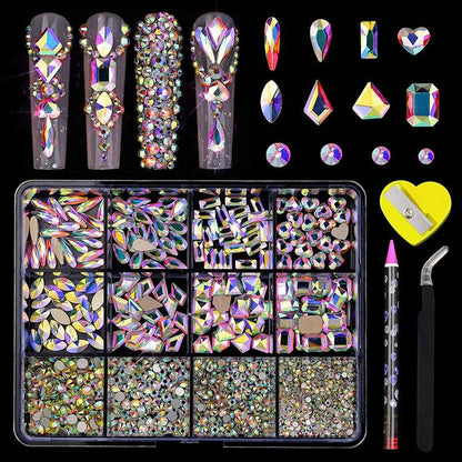 12 Grids Rhinestones For Nails Jewelry Set AB Flat Bottom Drill With Stainless Steel Tweezers Pen DIY Decoration Manicure Tools