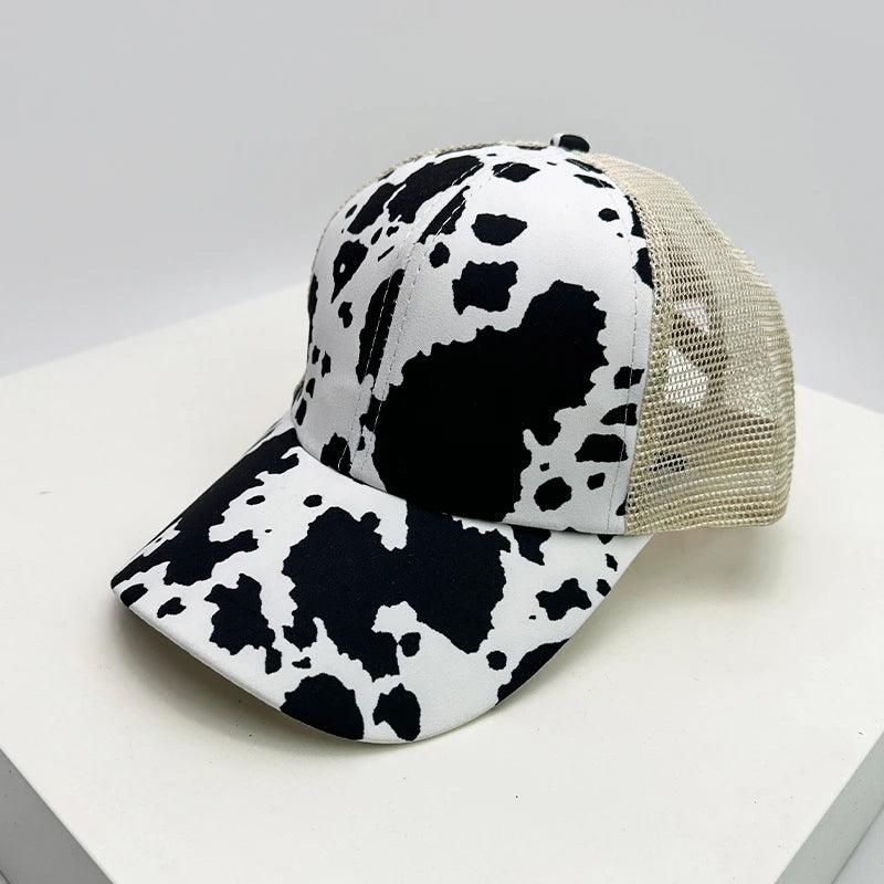 New Women Print Cow Leopard Baseball Hats Mesh Breathable Criss Cross Ponytail Sunshade Versatile Trucker caps Fashion Outdoor