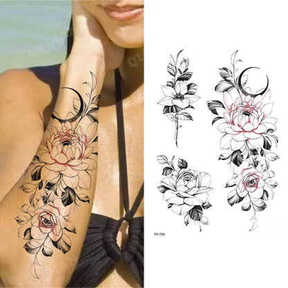 Black Flower Rose Waterproof Temporary Bird Snake Sexy Body Arm Leg Gem Henna Tattoo Fashion Big Fake Sleeve Sticker