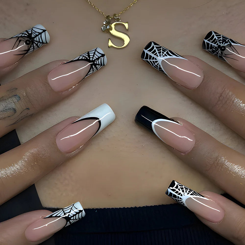 24pcs Halloween Spider Fake Nail Patch Printed French Coffin Ballet Fake Nail Wearable Full Cover Artificial Nail Tips for Girls