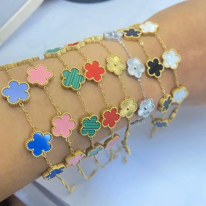 Double Sided Clover Bracelet for Women 14K Gold Plated Stainless Steel Lucky Five Leaf Link Bracelets Wrist Jewelry Lovely Gift