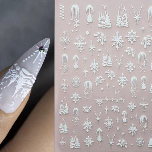 Snow Flake White Nail Art Sticker Self Decal Christmas 3D Embossed Textured Peel off Nail Sticker/ Snow ball New Year nail Decal