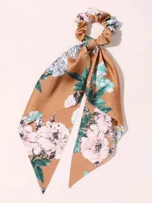 Floral Print Bow Satin Long Ribbon Ponytail Scarf Hair Tie Scrunchies Women Girls Elastic Hair Bands Hair Accessories