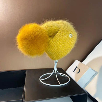 Real Fox Fur Pom Poms Hats for Women Winter Outdoor Warm Skullies Beanies Fashion M Letter Rabbit Knitted Thick Cap Christmas