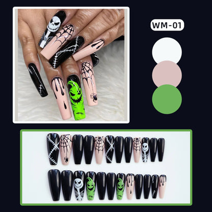 24pc/set Fashion Almond Press On Nails Art Halloween Black Ghost Design Fake Nail Pumpkin Castle Pattern Glossy False Nails Tips