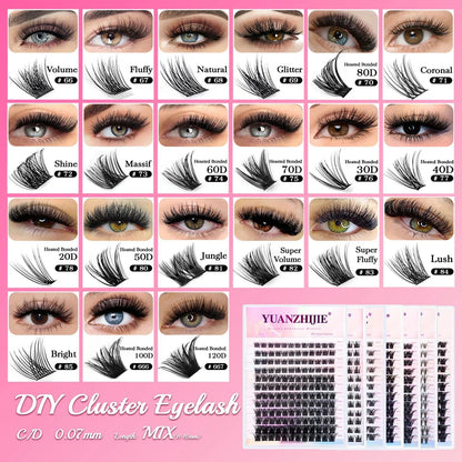 YUANZHIJIE DIY 120 PCS Cluster Lashes 3D Natural Bunch 8-16mm D Curl Segmented Beam Individual Mink Tufted Eyelash Fine Lash Tip