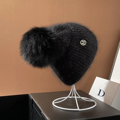 Real Fox Fur Pom Poms Hats for Women Winter Outdoor Warm Skullies Beanies Fashion M Letter Rabbit Knitted Thick Cap Christmas