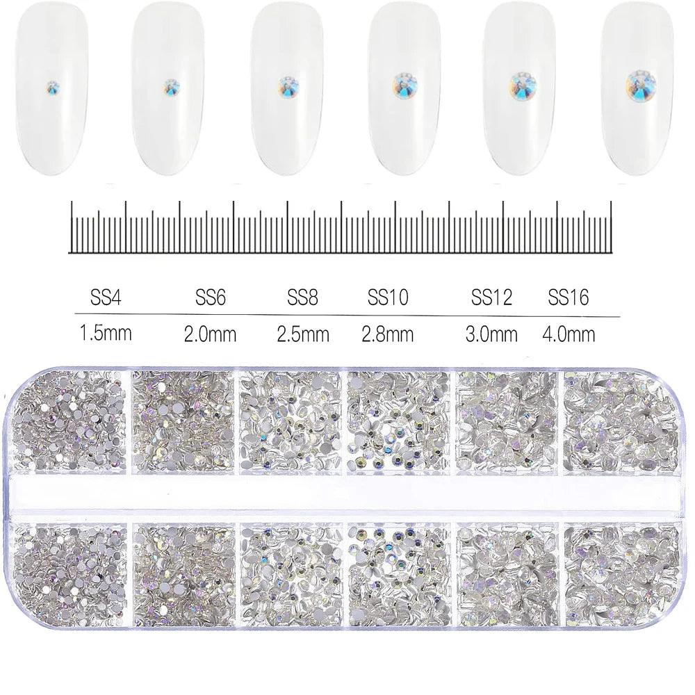 12Gird 3D Glass AB Crystal Nail Art Rhinestones Kit Flatback Round Bead Charm Gem Stones Jewelry Diamond with Tools for Nail Art