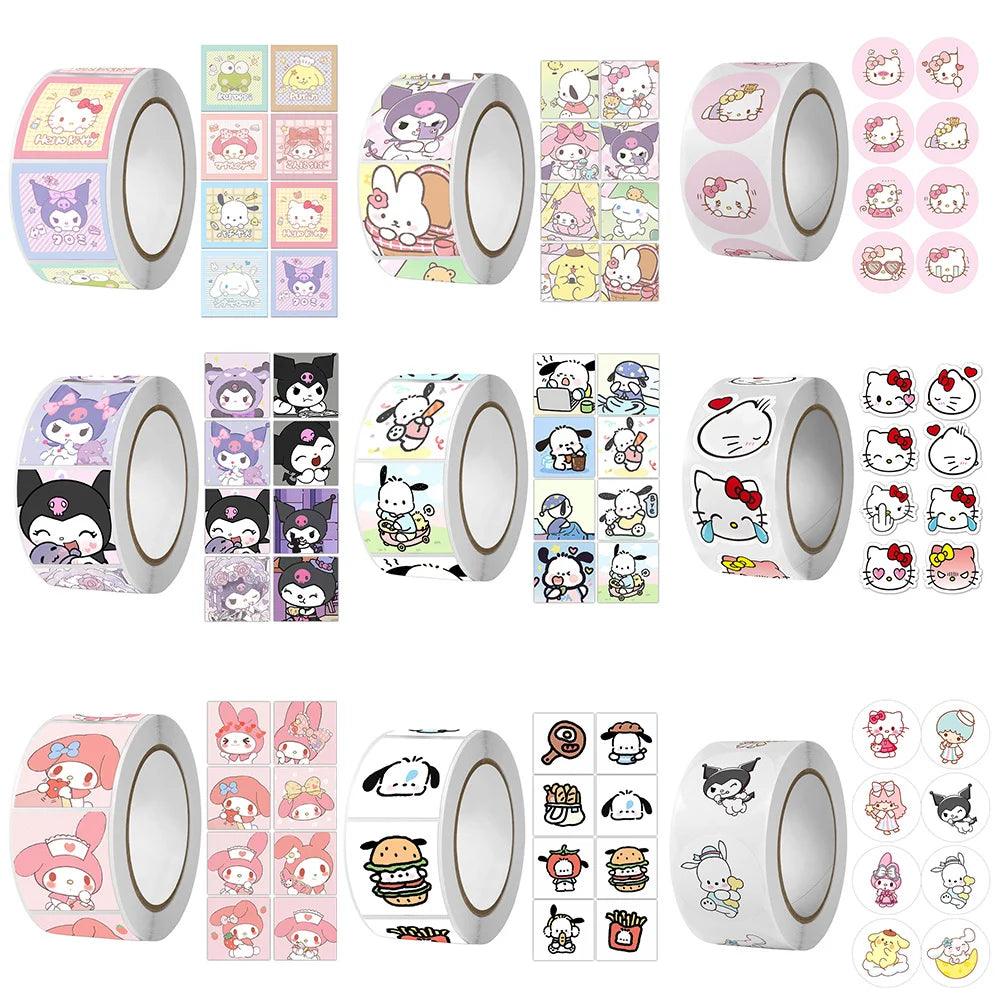 500Pcs/Roll Sanrio Stickers Kawaii Hello Kitty Melody Kuromi Cinnamoroll Luggage Graffiti Decals Kid Toy Decoration Sticker Gift