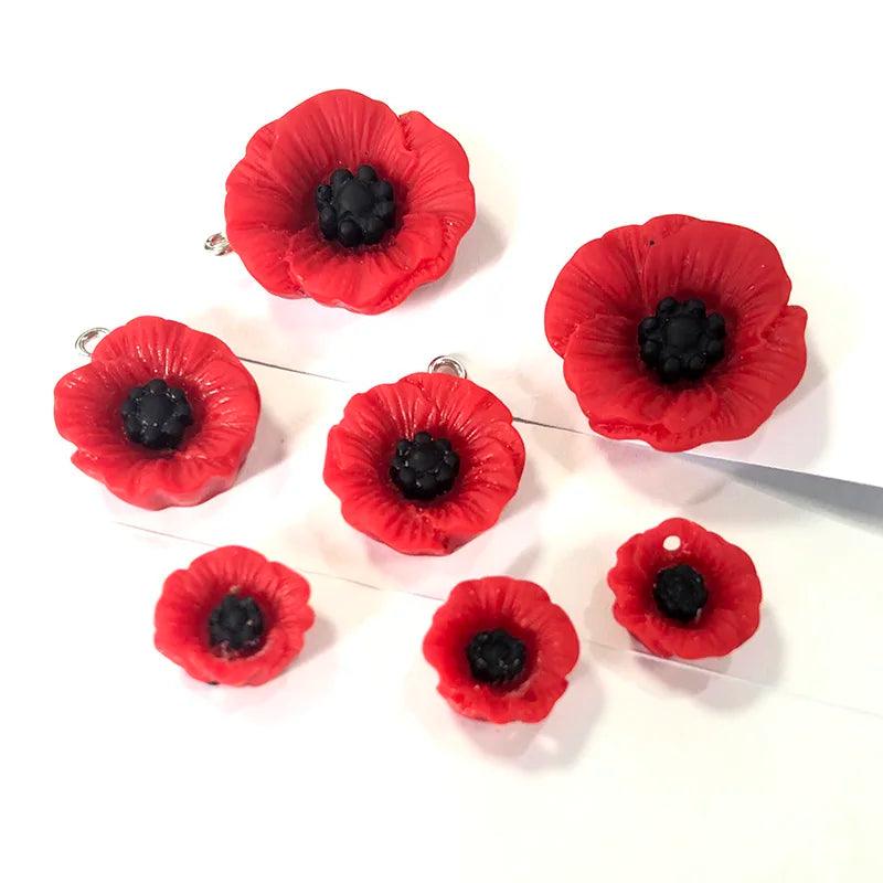 10/20pcs Peaceful Day Poppy Flower Resin Charms Anti-War Red Flowers Earring Pendant Keychain Charms Jewelry Finding