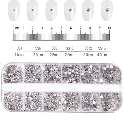 12Gird 3D Glass AB Crystal Nail Art Rhinestones Kit Flatback Round Bead Charm Gem Stones Jewelry Diamond with Tools for Nail Art