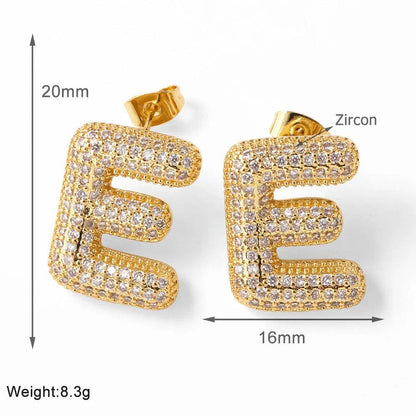 FLOLA Clear Crystal Bubble Letter Earrings for Women Copper Gold Plated Initial Ear Studs Name Jewelry Gifts ersa009