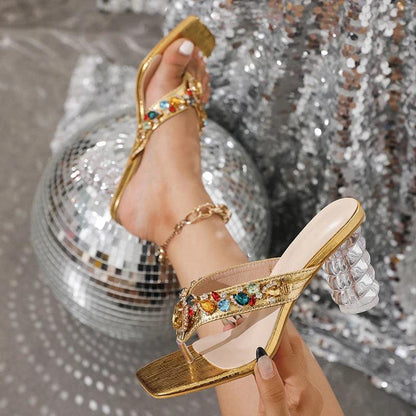 Liyke Fashion Colour Gem Rivet Women Slippers Sandals Transparent Strange Low Heels Slides Shoes Summer Beach Party Flip Flops