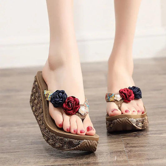 Summer Beach Sandals Women Flower Flip-flops Bohemian Beach Beaded Women Wedge Sandals Non-slip Outdoor Slippers 7cm Heels