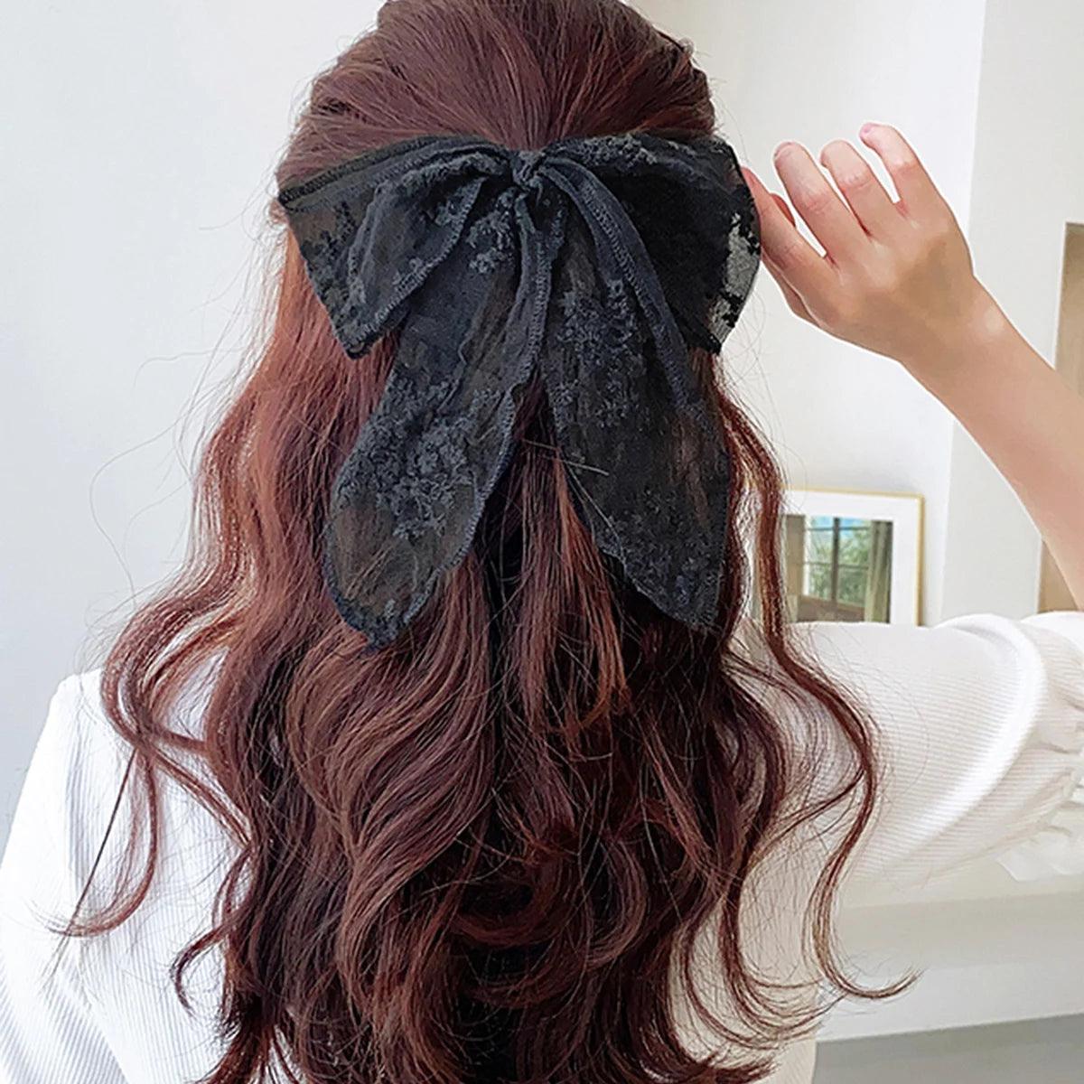 Lystrfac Vintage Black Velvet Bow Hair Ribbon Scrunchie for Women Girls Long Elastic Hair Tie Headwear Female Hair Accessories