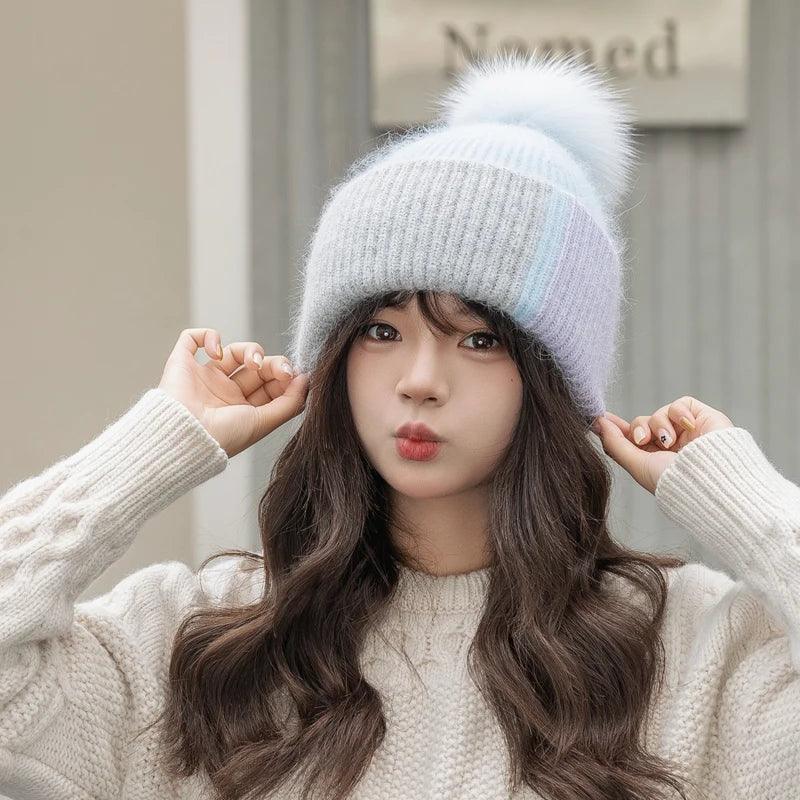 2024 New Rabbit Fur Beanies Soft Warm Fluffy fur pompom Winter Hat for Women Angora Knitted Hat Skullies Female Bonnet Knit Cap