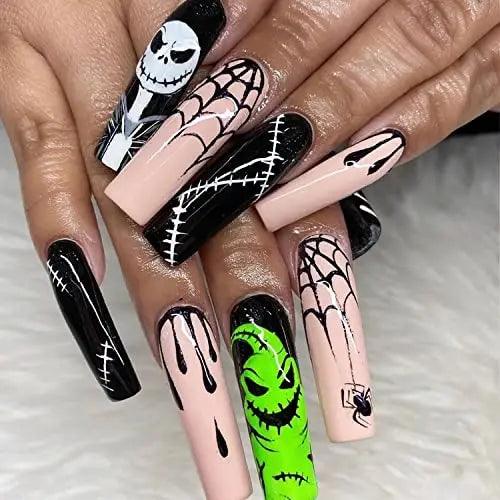 Halloween Long Coffin Spider Web Full Cover Fake Nails Nightmare Before Christmas Black Blood Stick Fake Nails for Women Men