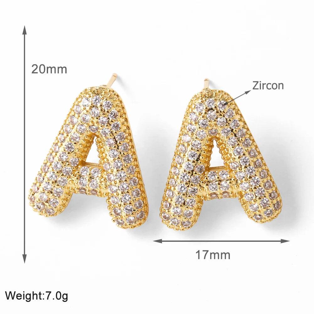 FLOLA Clear Crystal Bubble Letter Earrings for Women Copper Gold Plated Initial Ear Studs Name Jewelry Gifts ersa009