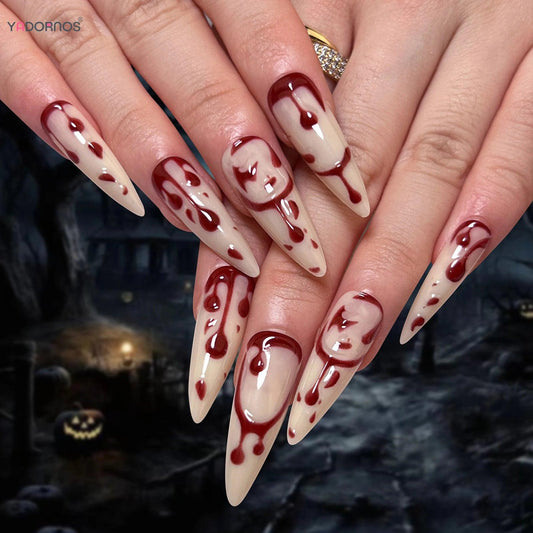 Halloween Press on Nails with Red Blood Designs Long Stiletto Fake Nails Happy Halloween Women Girls Party False Nails Patches