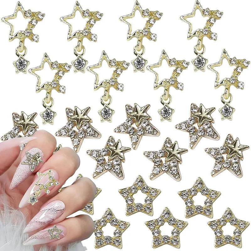 30Pcs Pink Nail Charms Alloy Rhinestones 3D Star Butterfly Heart Cross Gem Nails Crystal Diamond Nail Art Decoration Accessories