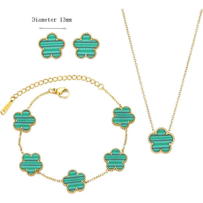 Double Sided Plant Flower Design Jewelry Set  for Women Girls Stainless Steel Elegant Clover Pendant Necklace Earrings Bracelet