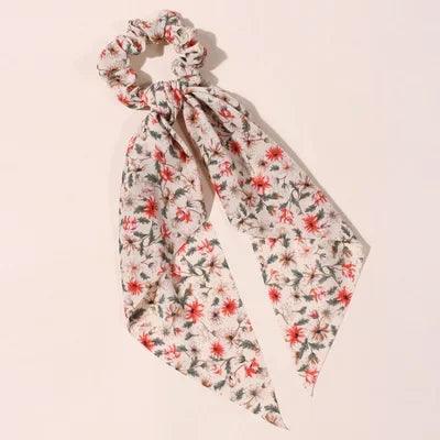 Floral Print Bow Satin Long Ribbon Ponytail Scarf Hair Tie Scrunchies Women Girls Elastic Hair Bands Hair Accessories