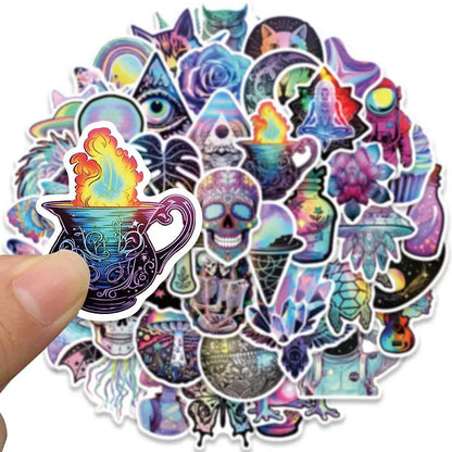 50pcs Cool Cartoon Laser Holographic Trippy Skull Stickers For Laptop Phone Guitar Luggage Diary Waterproof Graffiti Decals