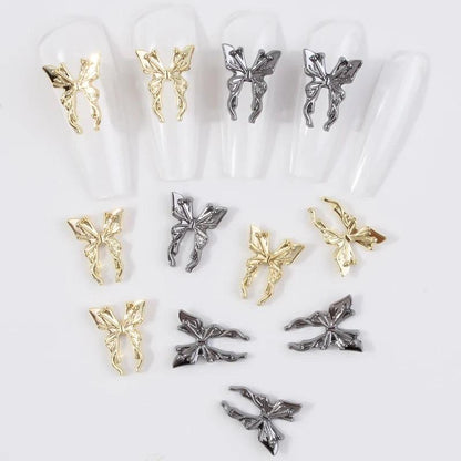 10Pcs/Lot 3D Butterfly Alloy Nail Charms Retro Bow-knot Design Jewelry Luxury Gold Silver Hollow Butterflies Nail Art Decoration