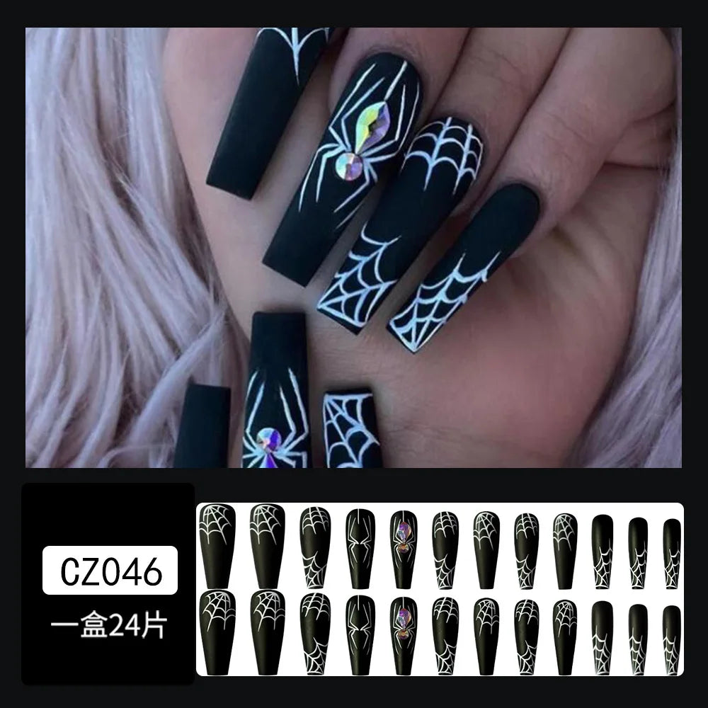 24pc/set Fashion Almond Press On Nails Art Halloween Black Ghost Design Fake Nail Pumpkin Castle Pattern Glossy False Nails Tips