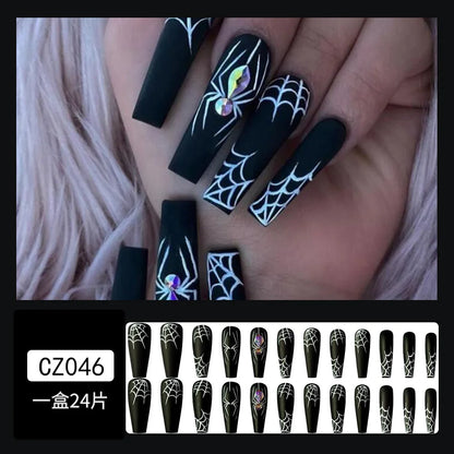 24pc/set Fashion Almond Press On Nails Art Halloween Black Ghost Design Fake Nail Pumpkin Castle Pattern Glossy False Nails Tips