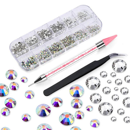 Multi-Size Nail Rhinestones 3D Crystal AB Diamonds Gems Makeup Beauty Nail Art Decorations With Picker Dotting Pen Tweezers Set