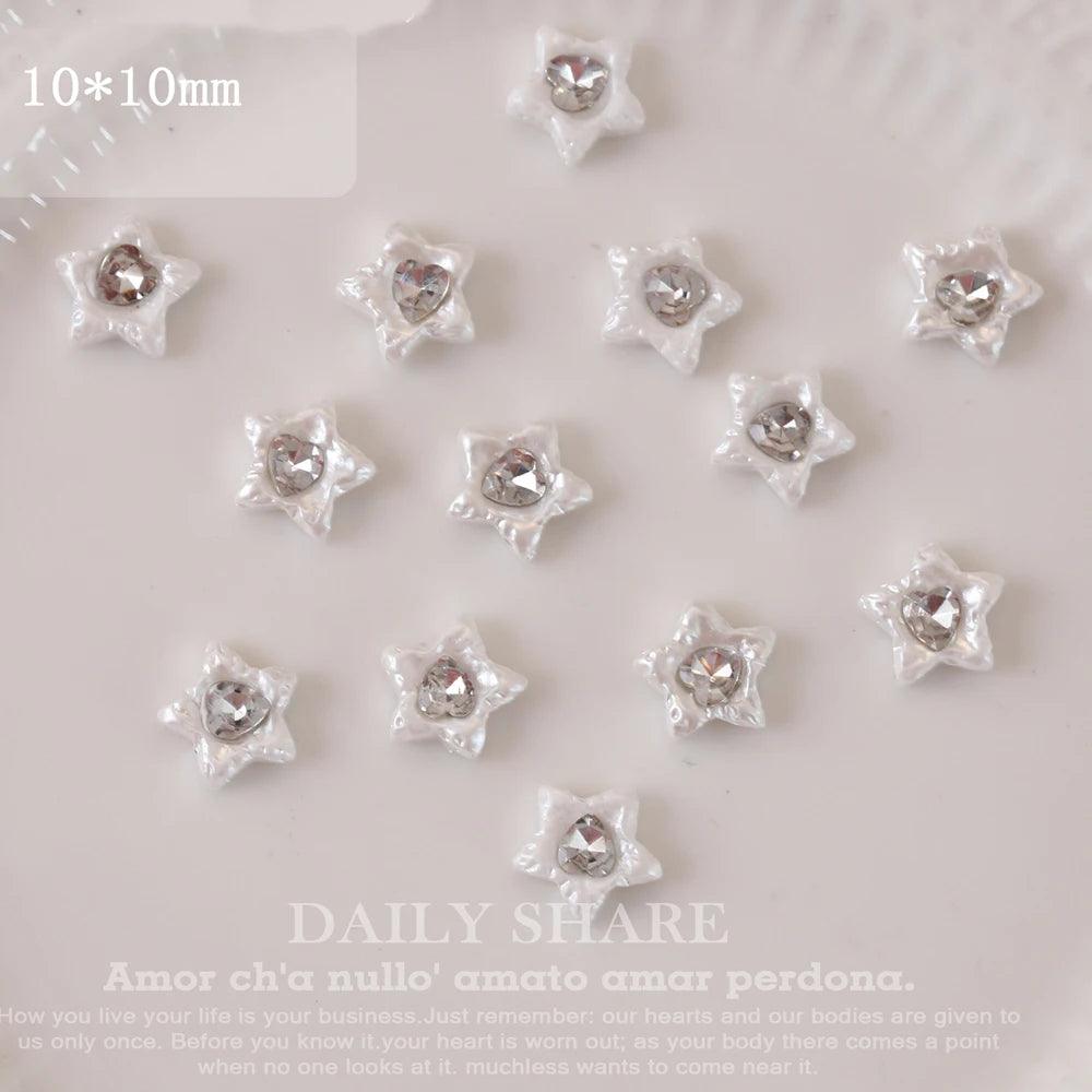 20Pcs Retro Baroque Love Nail Art Charms 3D Glitter White Pearl Inlaid Gem Pentagram Nail Rhinestone Luxury DIY Nail Accessories