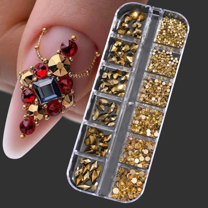 2025#Boxed Champagne Gold Nail Rhinestone 12 Grids Multi-Shaped Flat Back Gemstones 3D Flat-Back Gold Rhinestone Decoration &*