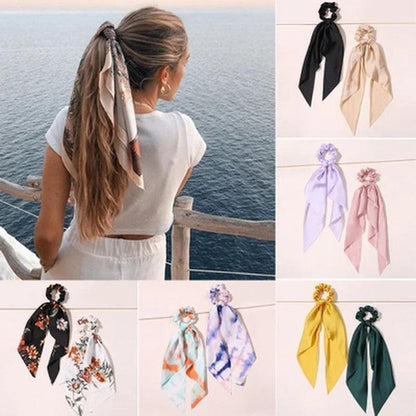 Floral Print Bow Satin Long Ribbon Ponytail Scarf Hair Tie Scrunchies Women Girls Elastic Hair Bands Hair Accessories