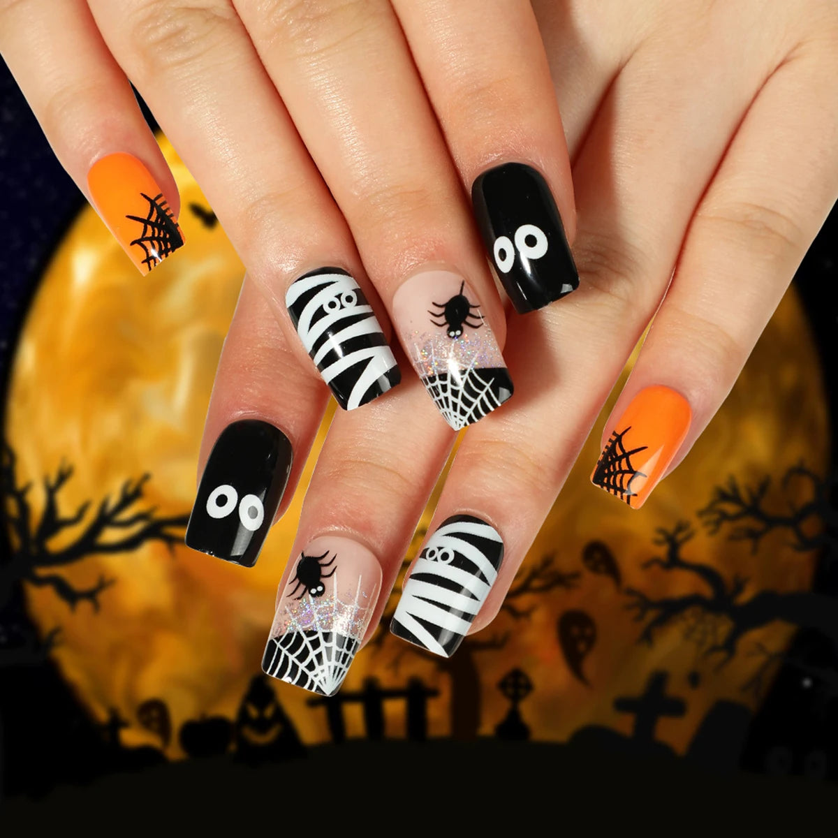 24pcs Halloween Spider Fake Nail Patch Printed French Coffin Ballet Fake Nail Wearable Full Cover Artificial Nail Tips for Girls