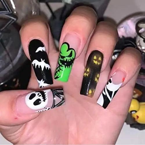 Halloween Long Coffin Spider Web Full Cover Fake Nails Nightmare Before Christmas Black Blood Stick Fake Nails for Women Men