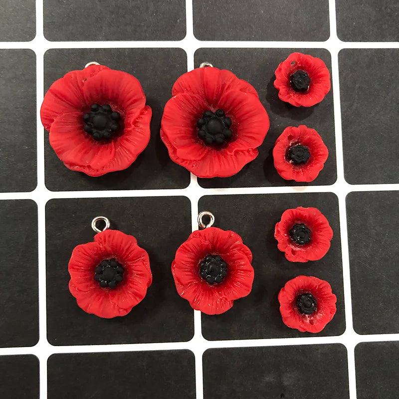 10/20pcs Peaceful Day Poppy Flower Resin Charms Anti-War Red Flowers Earring Pendant Keychain Charms Jewelry Finding