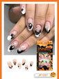 24pc/set Fashion Almond Press On Nails Art Halloween Black Ghost Design Fake Nail Pumpkin Castle Pattern Glossy False Nails Tips