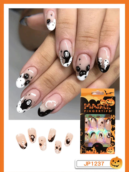 24pc/set Fashion Almond Press On Nails Art Halloween Black Ghost Design Fake Nail Pumpkin Castle Pattern Glossy False Nails Tips